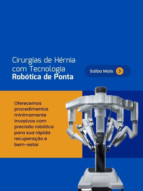 um braço robótico branco com fundo azul e amarelo e ao lado escrito "cirurgias de hérnia com tecnologia robótica de ponta"