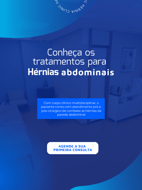 uma sala com filtro de cor azul e escrito "conheça os tratamentos para hérnias abdominais"