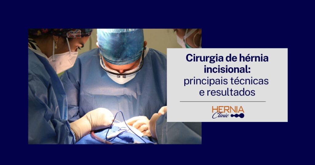 Cirurgia de hérnia incisional: principais técnicas e resultados 1 Pessoa vestida com roupa cirúrgica e máscara realiza uma cirurgia, acompanhada por outros profissionais de saúde na sala de operação.