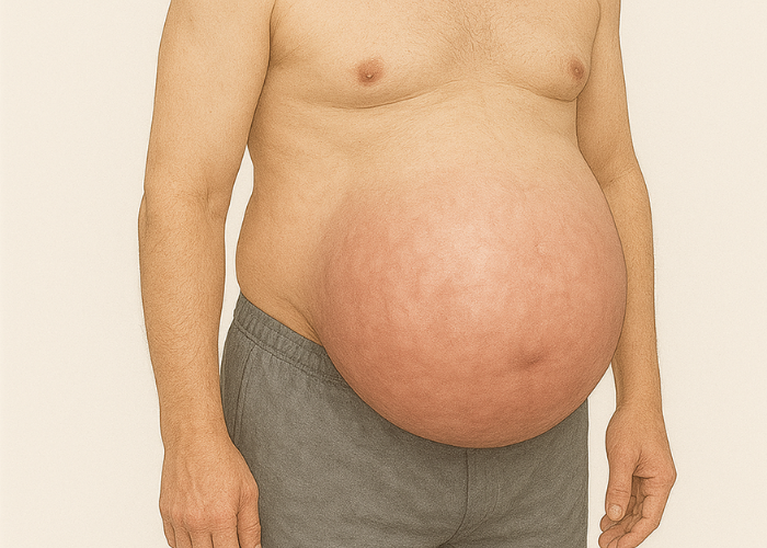 Homem com abdômen muito dilatado devido a uma hérnia gigante, evidenciando inchaço abdominal significativo.