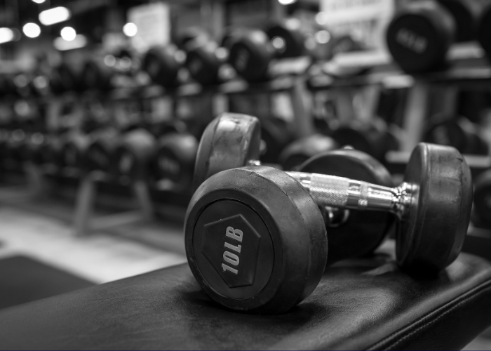 Halter de 10 lb apoiado em um banco de treino, com vários pesos desfocados ao fundo em uma academia.