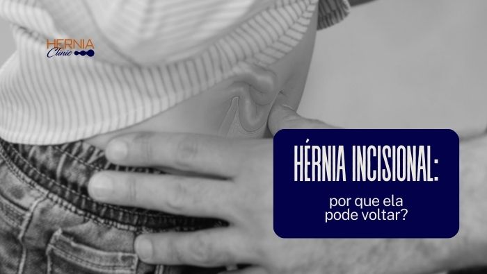 Hérnia incisional: por que ela pode voltar? 1 Abdômen em preto e branco com protrusão na região da cicatriz cirúrgica, enquanto uma mão toca o local, indicando desconforto.