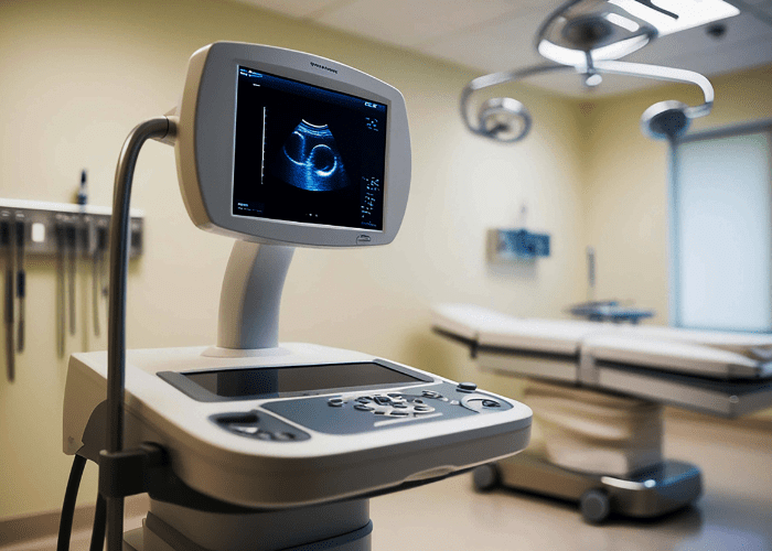 Equipamento de ultrassom em sala de exame médico, com monitor exibindo imagem diagnóstica e maca ao fundo.