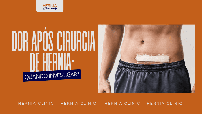Homem no pós-operatório de hérnia abdominal, com curativo sobre a incisão na região inferior do abdômen.