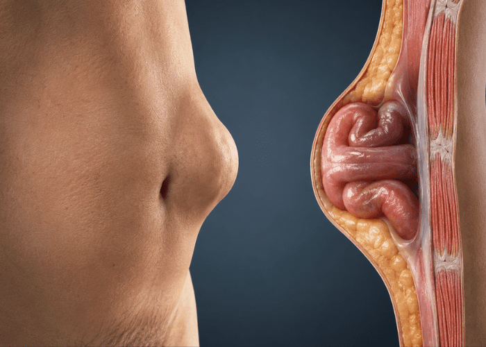 Ilustração comparativa de hérnia abdominal, mostrando abaulamento na parede abdominal e parte do intestino projetada através da musculatura.