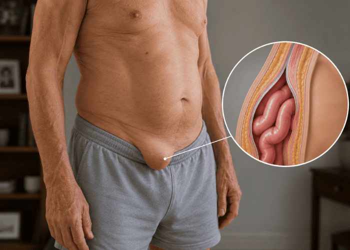 Homem idoso com hérnia inguinal visível na virilha, acompanhado de ilustração anatômica destacando a protrusão do intestino na parede abdominal.