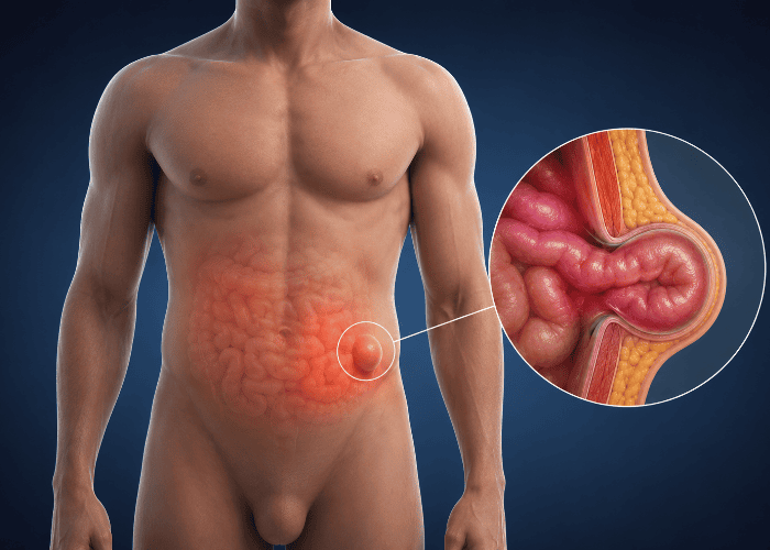 Ilustração anatômica de hérnia encarcerada na região abdominal, mostrando alça intestinal presa na parede abdominal.
