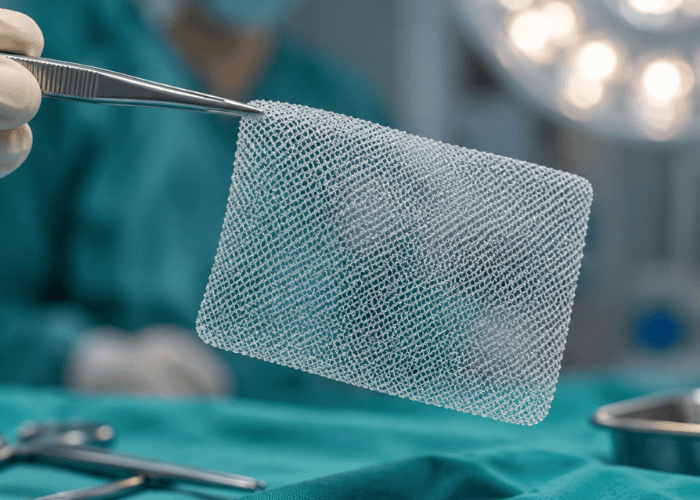 Tela cirúrgica para hérnia segurada por pinça médica