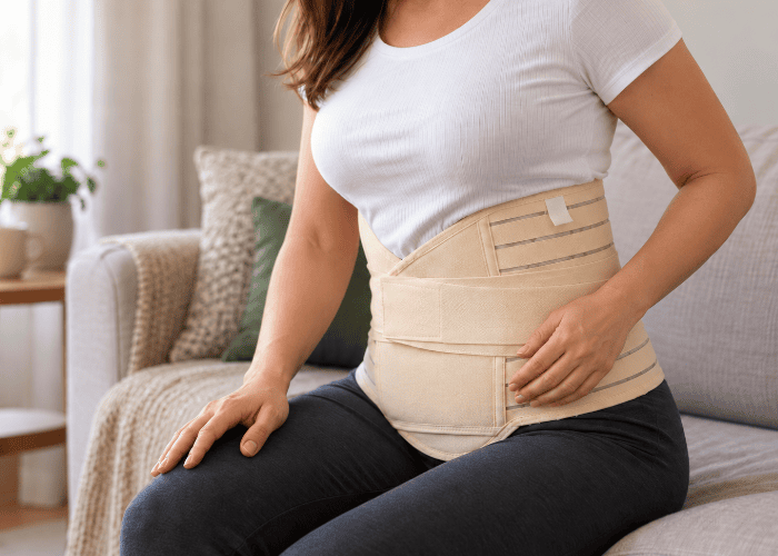 Mulher utilizando cinta abdominal após cirurgia de hérnia umbilical